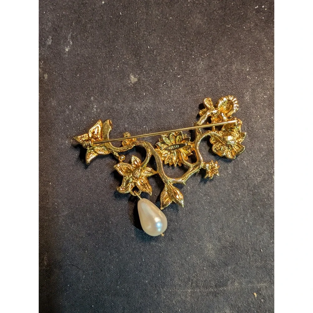 Vintage Gold Tone Sunflower Butterfly Brooch Pink Enamel Faux Pearl Drop Pin